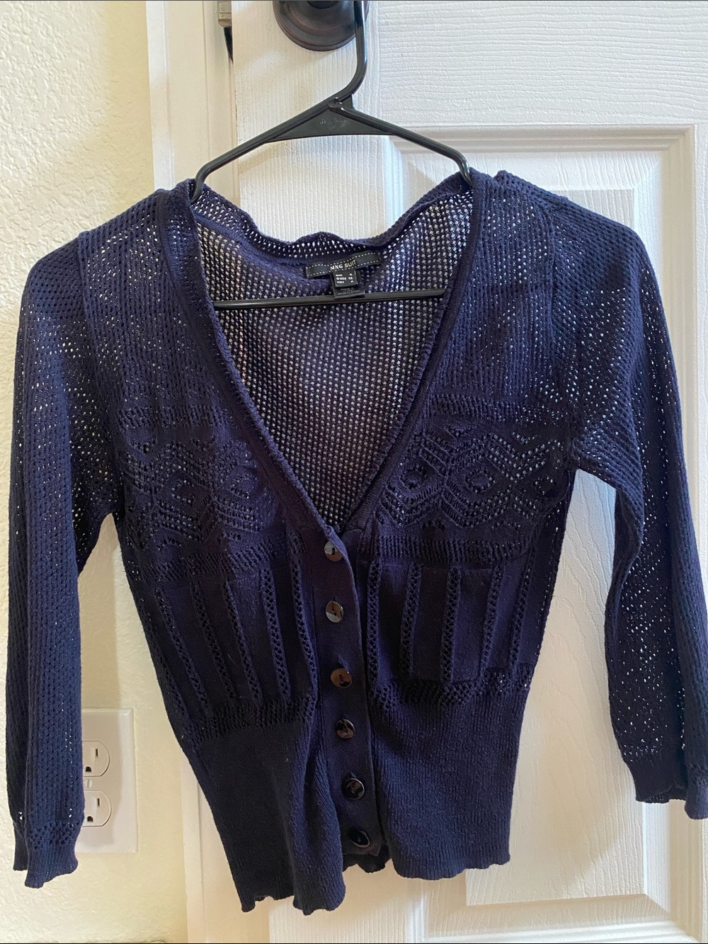 Dark Navy Open-Knit Button-Front Women's Cardigan